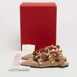 Pre Owned Valentino Beige Leather Roman Stud Ankle Cuff Flat Sandals Size 38