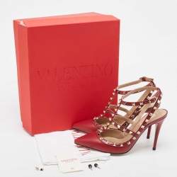 Pre Owned Valentino Red Leather Rockstud Strappy Pointed Toe Pumps Size 39