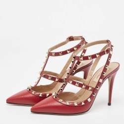 Pre Owned Valentino Red Leather Rockstud Strappy Pointed Toe Pumps Size 39