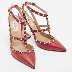 Pre Owned Valentino Red Leather Rockstud Strappy Pointed Toe Pumps Size 39