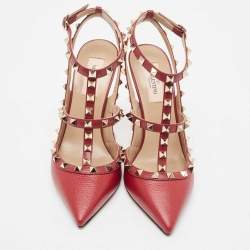 Pre Owned Valentino Red Leather Rockstud Strappy Pointed Toe Pumps Size 39