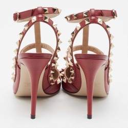 Pre Owned Valentino Red Leather Rockstud Strappy Pointed Toe Pumps Size 39