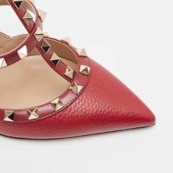 Pre Owned Valentino Red Leather Rockstud Strappy Pointed Toe Pumps Size 39