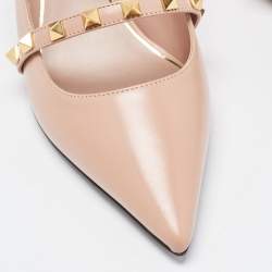 Pre Owned Valentino Beige Leather Rockstud Slingback Pumps Size 38.5