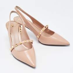 Pre Owned Valentino Beige Leather Rockstud Slingback Pumps Size 38.5