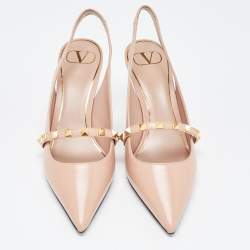 Pre Owned Valentino Beige Leather Rockstud Slingback Pumps Size 38.5