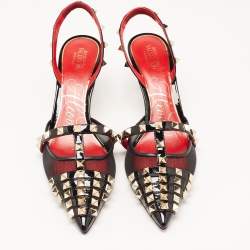 Pre Owned Valentino Black Mesh and Patent Rockstud Slingback Pumps Size 38