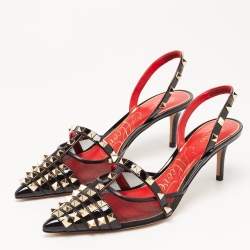 Pre Owned Valentino Black Mesh and Patent Rockstud Slingback Pumps Size 38