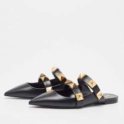 Pre Owned Valentino Black Leather Roman Stud Mules Size 37