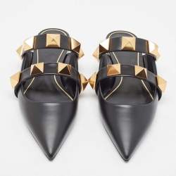 Pre Owned Valentino Black Leather Roman Stud Mules Size 37