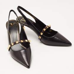 Pre Owned Valentino Black Leather Rockstud Slingback Pumps Size 37