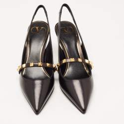 Pre Owned Valentino Black Leather Rockstud Slingback Pumps Size 37