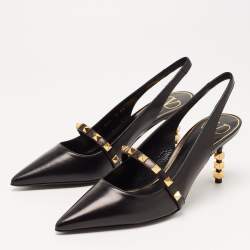 Pre Owned Valentino Black Leather Rockstud Slingback Pumps Size 37