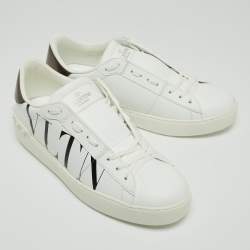 Pre Owned Valentino White/Grey Leather VLTN Rockstud Sneakers Size 37