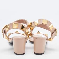 Pre Owned Valentino Pink Leather Roman Stud Ankle Strap Sandals Size 38.5