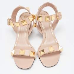 Pre Owned Valentino Pink Leather Roman Stud Ankle Strap Sandals Size 38.5