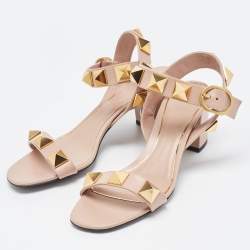 Pre Owned Valentino Pink Leather Roman Stud Ankle Strap Sandals Size 38.5