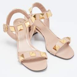 Pre Owned Valentino Pink Leather Roman Stud Ankle Strap Sandals Size 38.5