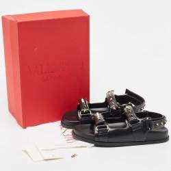 Pre Owned Valentino Black Leather Rockstud Velcro Slingback Flat Sandals Size 39