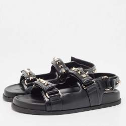 Pre Owned Valentino Black Leather Rockstud Velcro Slingback Flat Sandals Size 39