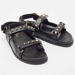 Pre Owned Valentino Black Leather Rockstud Velcro Slingback Flat Sandals Size 39