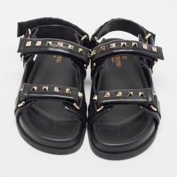 Pre Owned Valentino Black Leather Rockstud Velcro Slingback Flat Sandals Size 39