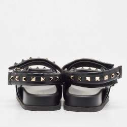 Pre Owned Valentino Black Leather Rockstud Velcro Slingback Flat Sandals Size 39