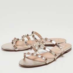 Pre Owned Valentino Gold Foil Leather Rockstud Strappy Flat Sandals Size 37
