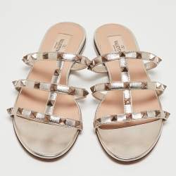 Pre Owned Valentino Gold Foil Leather Rockstud Strappy Flat Sandals Size 37