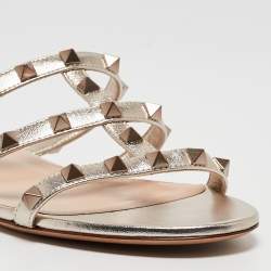 Pre Owned Valentino Gold Foil Leather Rockstud Strappy Flat Sandals Size 37