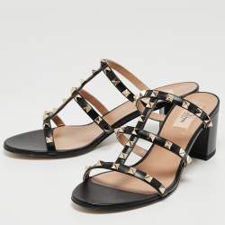 Pre Owned Valentino Black Leather Rockstud Slide Sandals Size 40.5