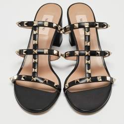 Pre Owned Valentino Black Leather Rockstud Slide Sandals Size 40.5