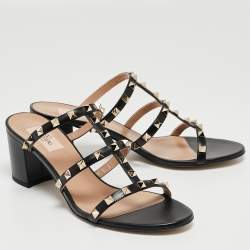 Pre Owned Valentino Black Leather Rockstud Slide Sandals Size 40.5
