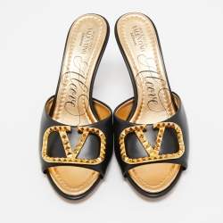 Pre Owned Valentino Black Leather Rockstud  Mules Size 37