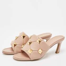 Valentino Pink Leather Roman Stud Slides Size 37.5