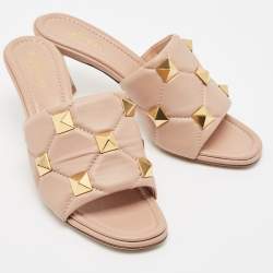 Valentino Pink Leather Roman Stud Slides Size 37.5