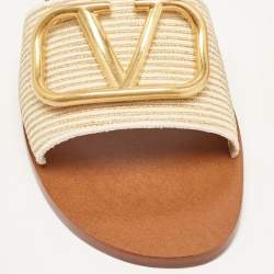 Pre Owned Valentino Beige Canvas Escape VLogo Flat Slides Size 38