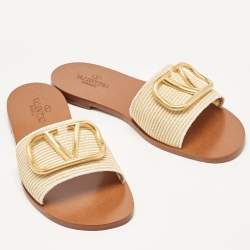 Pre Owned Valentino Beige Canvas Escape VLogo Flat Slides Size 38