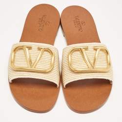 Pre Owned Valentino Beige Canvas Escape VLogo Flat Slides Size 38