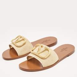 Pre Owned Valentino Beige Canvas Escape VLogo Flat Slides Size 38