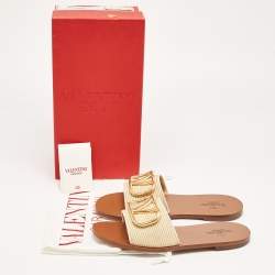 Pre Owned Valentino Beige Canvas Escape VLogo Flat Slides Size 38