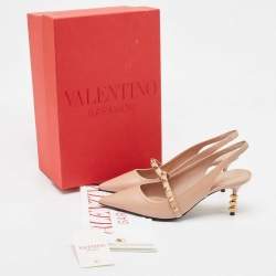 Pre Owned Valentino Beige Leather Rockstud Slingback Pumps Size 38.5