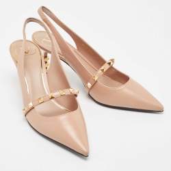 Pre Owned Valentino Beige Leather Rockstud Slingback Pumps Size 38.5