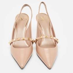 Pre Owned Valentino Beige Leather Rockstud Slingback Pumps Size 38.5