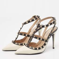 Pre Owned Valentino White/Black Leather Rockstud Ankle Strap Pumps Size 36