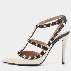 Pre Owned Valentino White/Black Leather Rockstud Ankle Strap Pumps Size 36