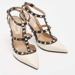 Pre Owned Valentino White/Black Leather Rockstud Ankle Strap Pumps Size 36