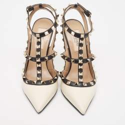 Pre Owned Valentino White/Black Leather Rockstud Ankle Strap Pumps Size 36