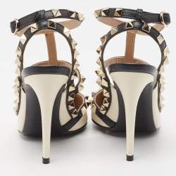 Pre Owned Valentino White/Black Leather Rockstud Ankle Strap Pumps Size 36