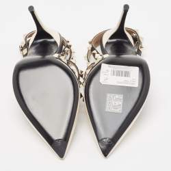 Pre Owned Valentino White/Black Leather Rockstud Ankle Strap Pumps Size 36